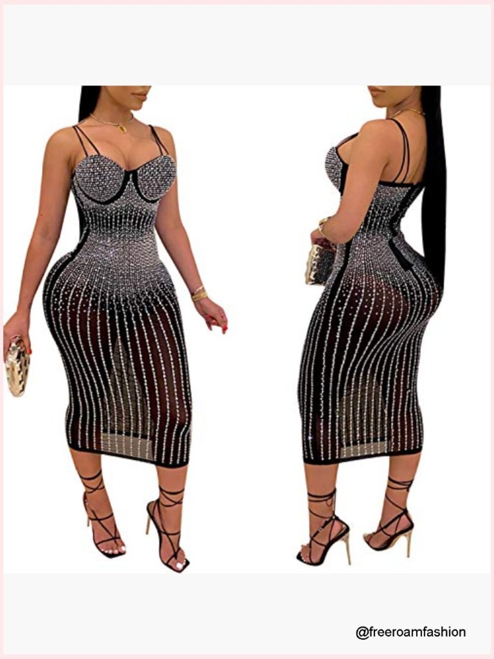 Long Sleeve Birthday Dress Sexy Rhinestone Bodycon Midi Dress - Picture 3 of 6